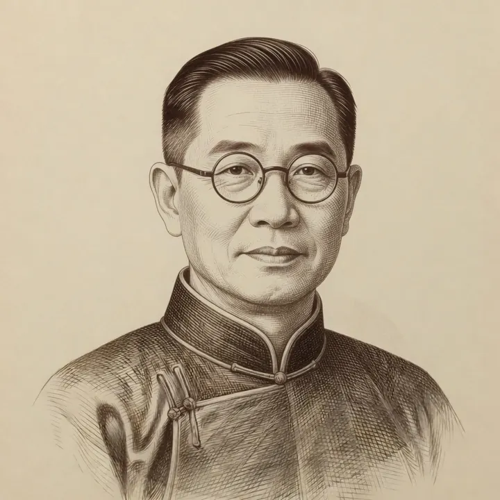 Line engraving of a man in changshan and round wire glasses — the Presalesify portrait.